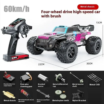 High-speed 4WD RC truck with metal chassis and remote control, designed for off-road performance at 60km/h.
