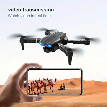 E99 PRO drone with dual camera showcasing real-time video transmission from the drone to a smartphone.