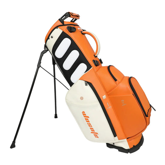 Golf Stand Bag for Men & Women PU Material in vibrant orange and white, designed for comfort and functionality on the golf course.
