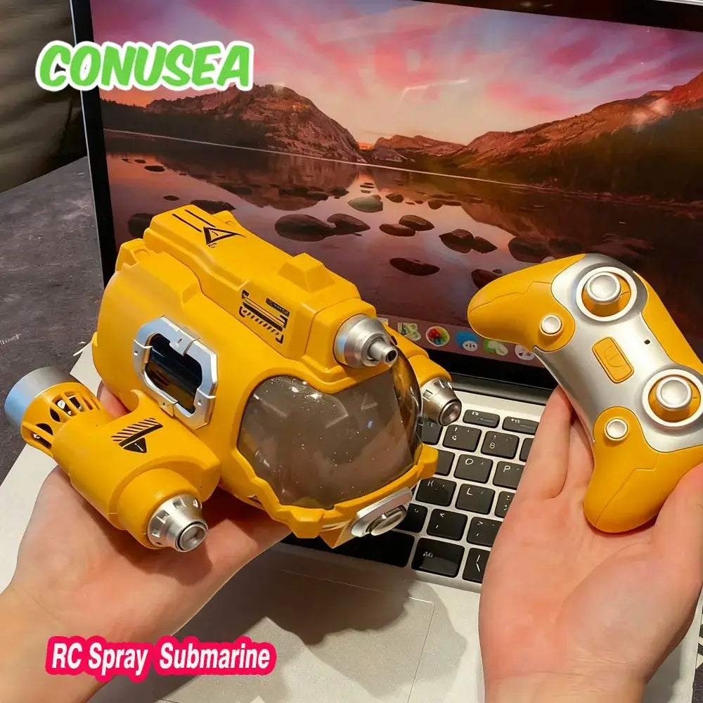 Rc Submarine Boat with Water Gun Remote Control Boats in yellow design, being held with remote control and laptop in background.