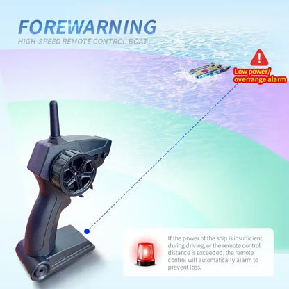 Image of an electric remote control speedboat with a high-speed remote control, showcasing low power alarm.