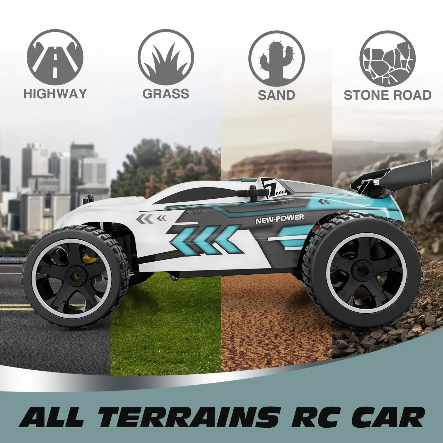 High-speed remote control car designed for all terrains including highway, grass, sand, and stone road.