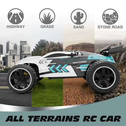 High-speed remote control car designed for all terrains including highway, grass, sand, and stone road.