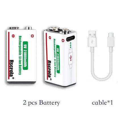 Rscrola 21800mWh 9V Lithium Rechargeable Battery with Type-C cable for various devices