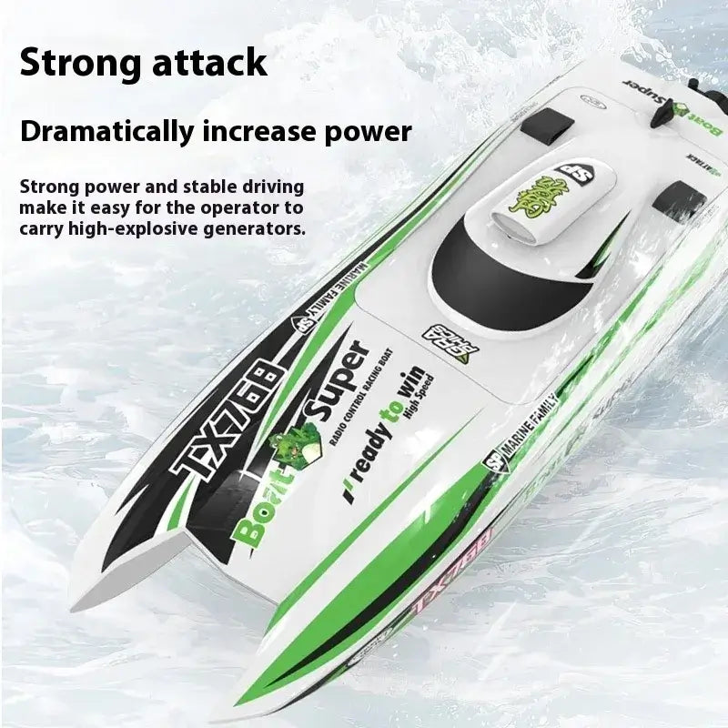 TX768 RC Boat demonstrating strong attack and stability for high-speed water performance.