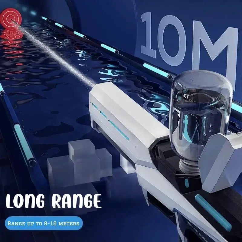 42cm Electric Water Guns showing a long range feature with water shooting up to 10 meters in a water play setup.