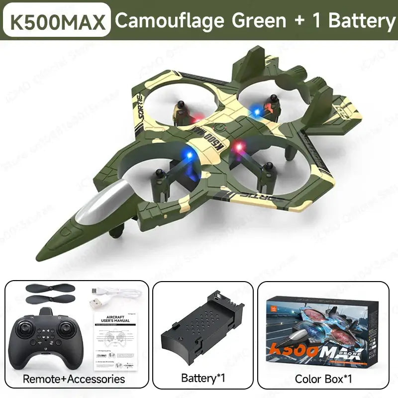 Remote Control Plane JCMO K500MAX with camouflage design, controller, battery, and packaging included.