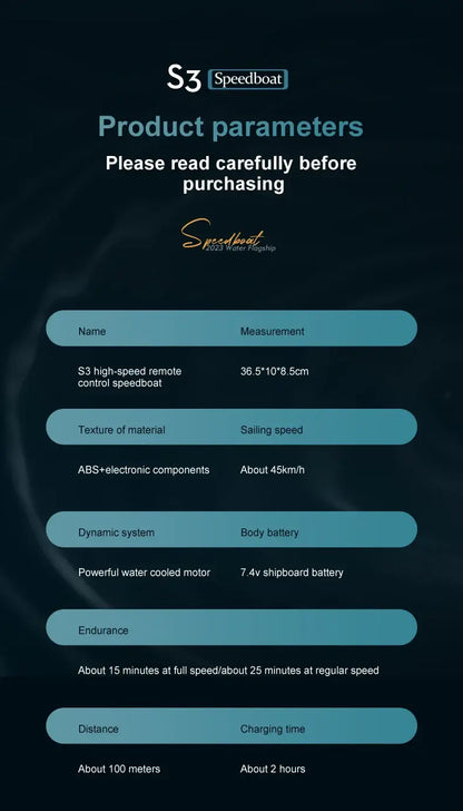 S3 Remote Control Boat product parameters details including measurements, material, battery, and performance information.