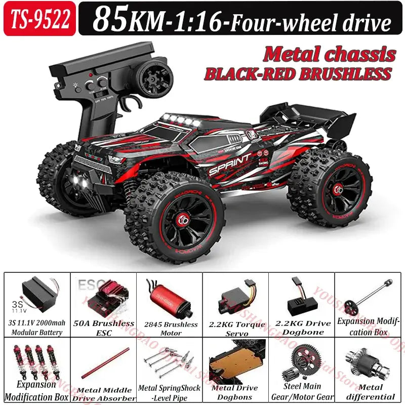 RC Car 80 Kilometers or 50 Kilometers with metal chassis, red and black design and 4WD capabilities.