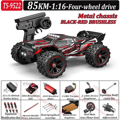 RC Car 80 Kilometers or 50 Kilometers with metal chassis, red and black design and 4WD capabilities.