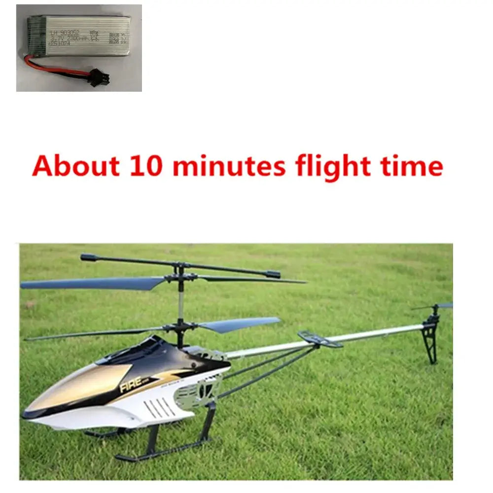 RC Helicopter 80cm Extra Large flying above grass with battery details and flight time of about 10 minutes.