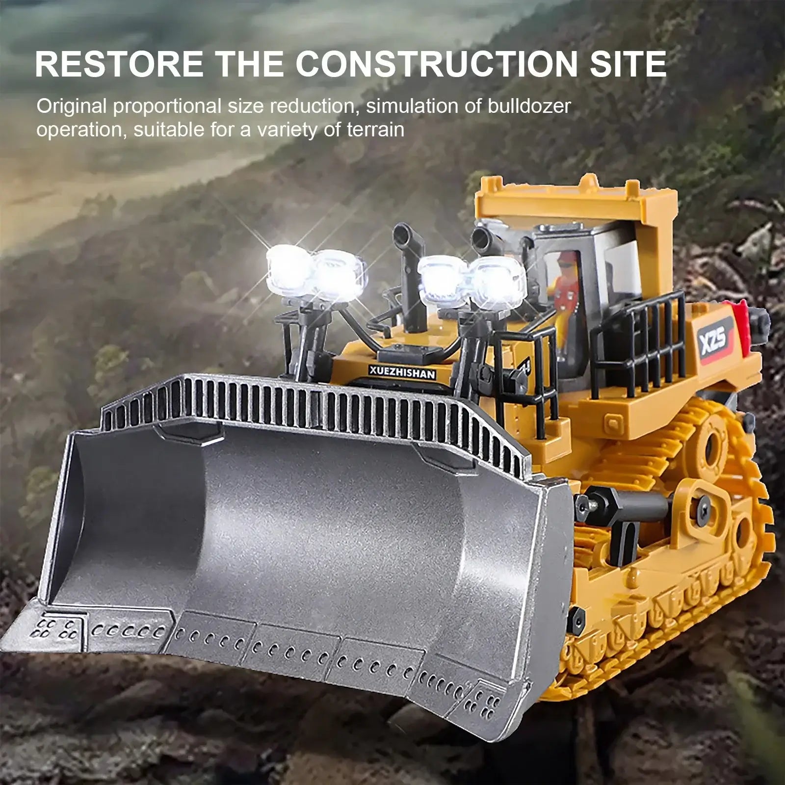 RC bulldozer remote control truck with lights, perfect for simulating bulldozer operations on various terrains.