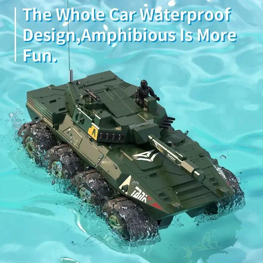 Large Rc Tank Buggy Car floating in water, showcasing its amphibious and waterproof design for more fun.