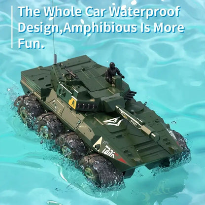 Large Rc Tank Buggy Car floating in water, showcasing its amphibious and waterproof design for more fun.