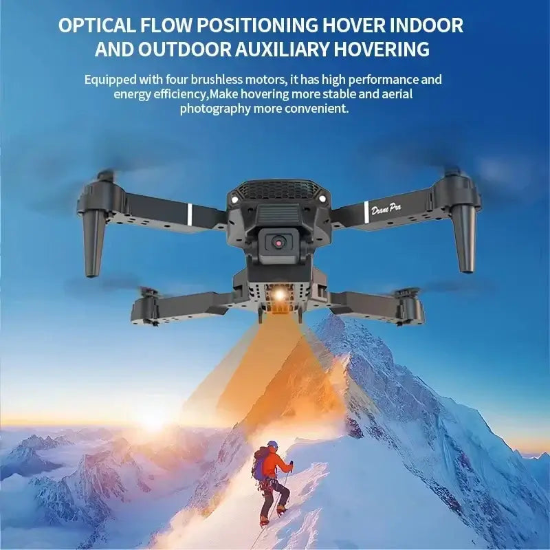 Drone E88PRO 8K hovering over a mountain for aerial photography with optical flow positioning feature.