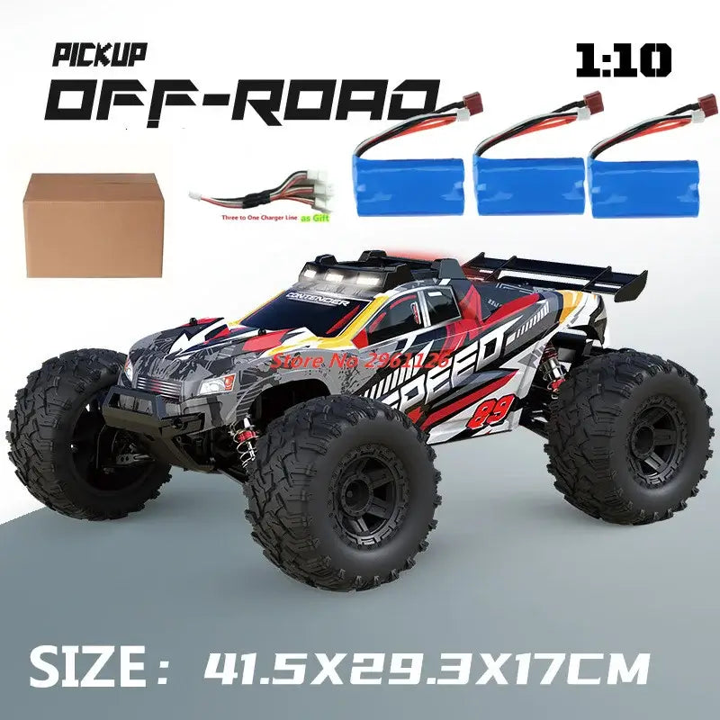 Remote Control Drift Racing Car 70KMH 1:10 high-speed off-road pickup with large tires and battery pack.