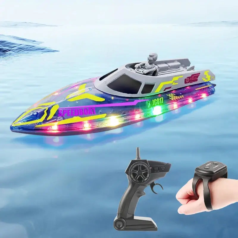 electric remote control speedboat with colorful LED lights and remote control on a water surface