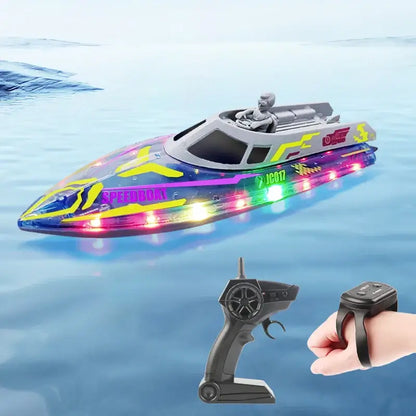 electric remote control speedboat with colorful LED lights and remote control on a water surface