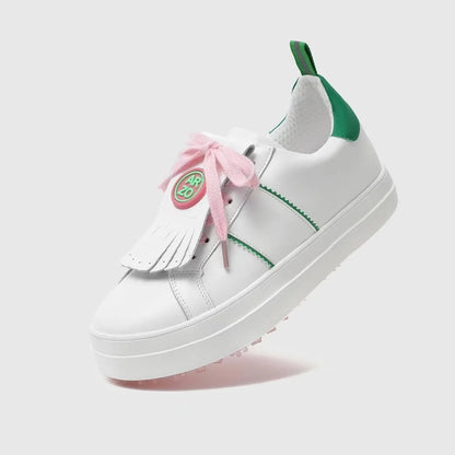 Professional golf sneakers in white with green details and pink laces, designed for performance on the course.