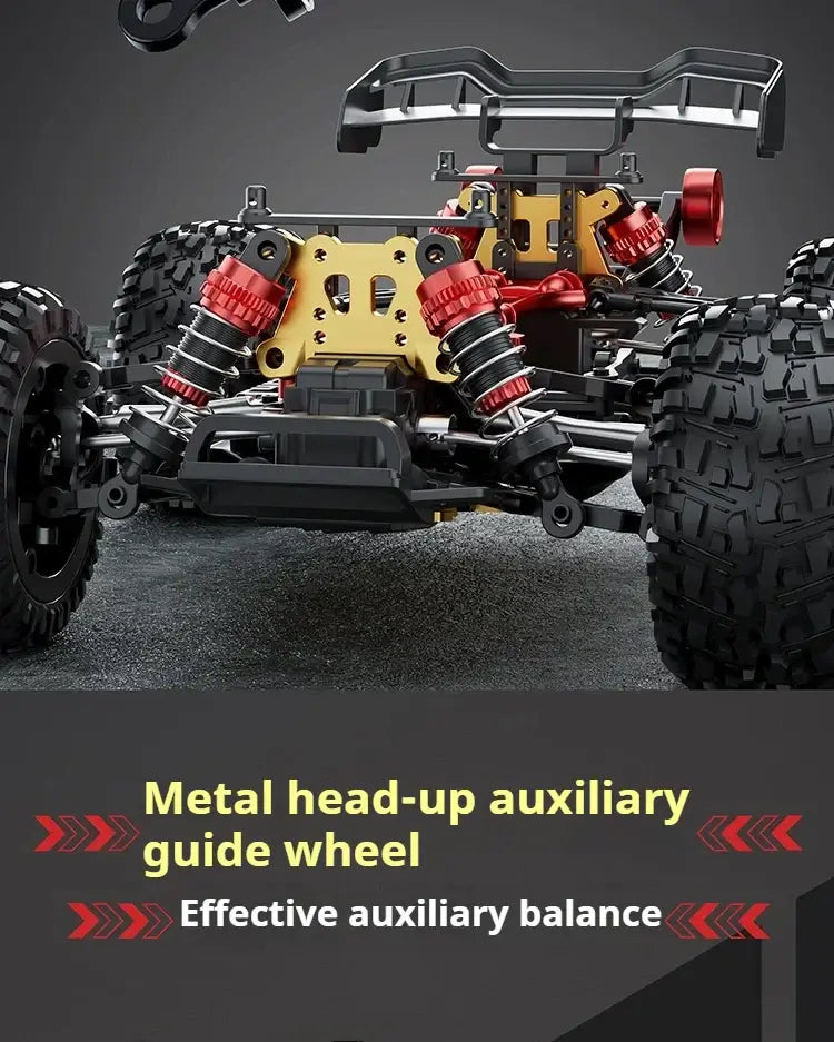 High-speed 4WD RC truck showcasing metal guide wheel and suspension system for effective auxiliary balance.
