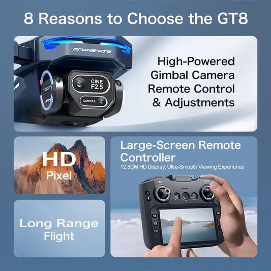  GT8 Drone 4K Professional Dual Camera with 4.3 inch remote control and high definition dual lens features.