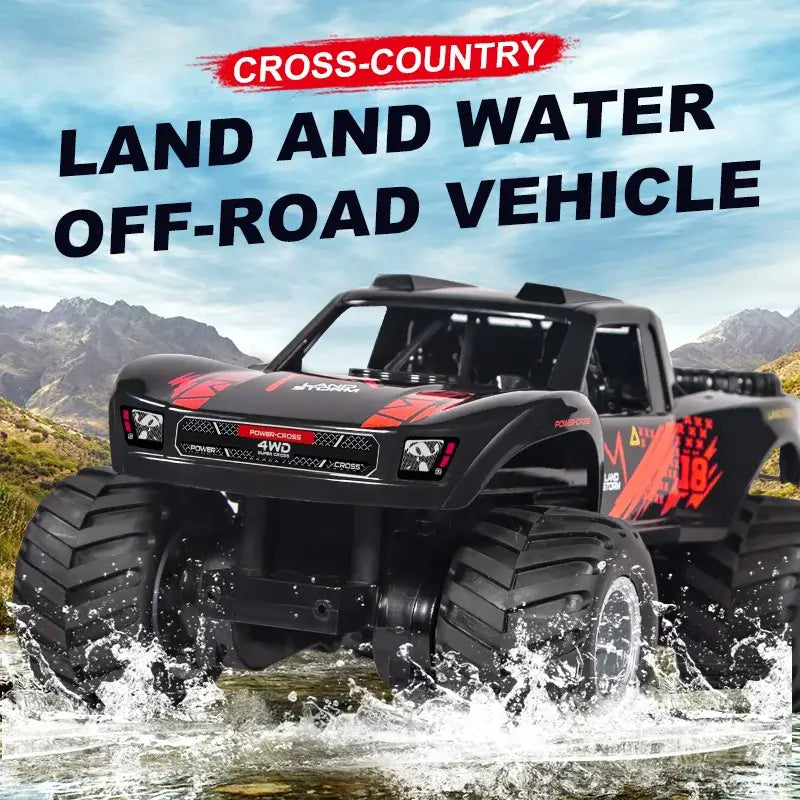 Four-wheel Drive Remote Control Car in action on land and water, showcasing its off-road capabilities.