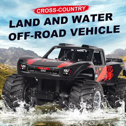 Four-wheel Drive Remote Control Car in action on land and water, showcasing its off-road capabilities.