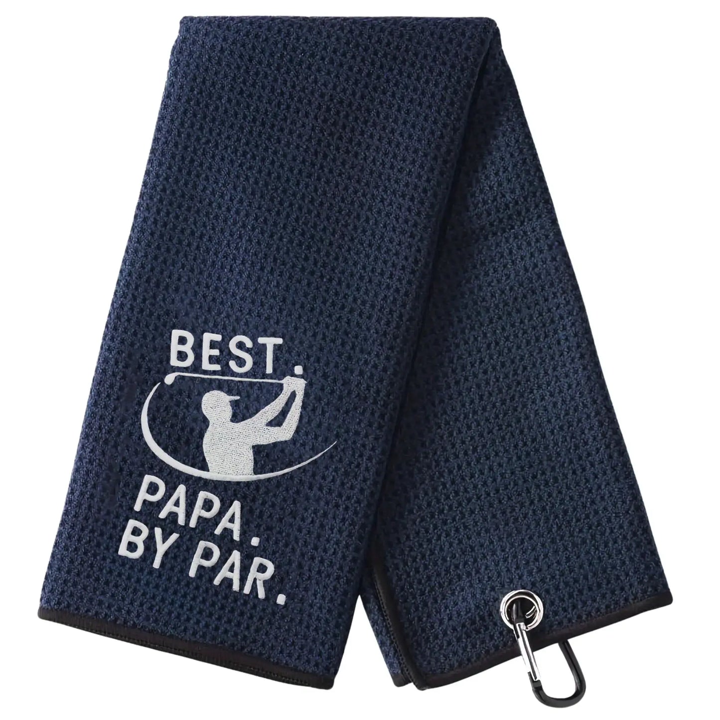 Microfiber Premium Golf Towel, Embroidered Golf Towels featuring the design 'Best Papa By Par' with carabiner clip.