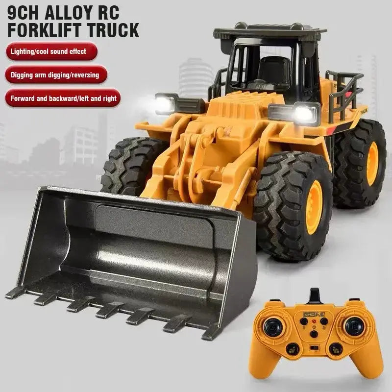 Remote Control Excavator Bulldozer with lights and sound, featuring a digging arm for maneuvering.