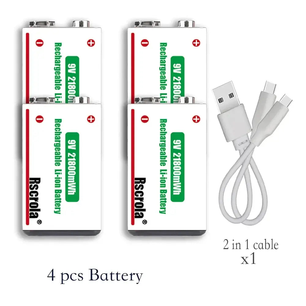 Rscrola 21800mWh 9V Lithium Rechargeable Battery with Type-C cable for various devices