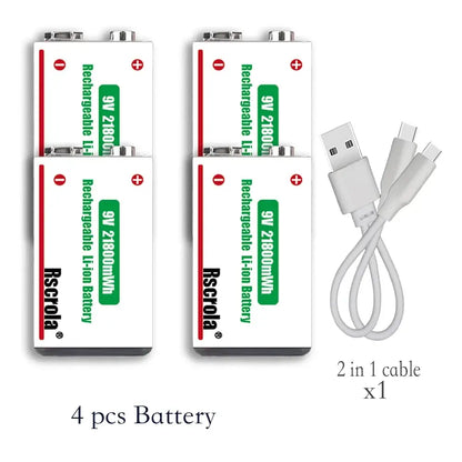 Rscrola 21800mWh 9V Lithium Rechargeable Battery with Type-C cable for various devices