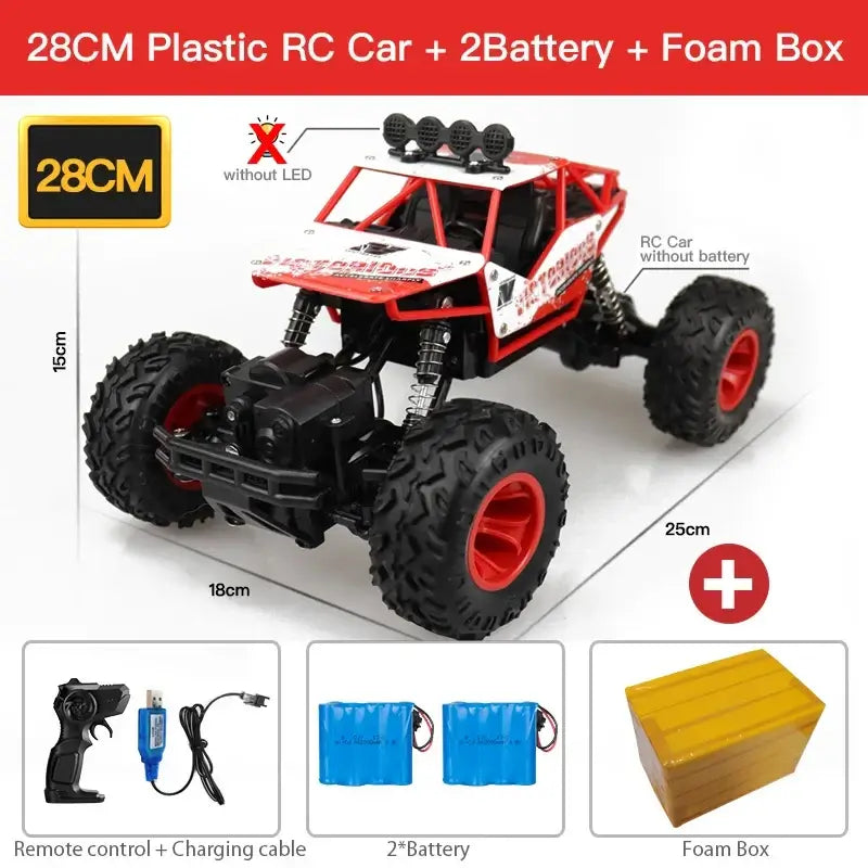 RC Car With Led Lights ZWN 1:12 1:16 4WD model featuring remote control, two batteries, and foam box.