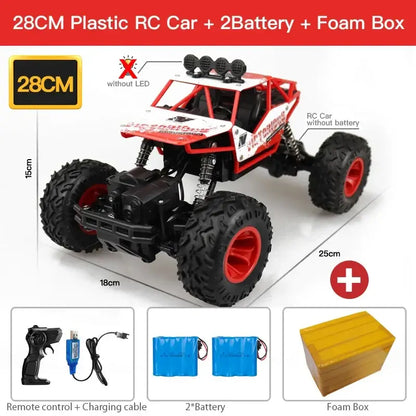 RC Car With Led Lights ZWN 1:12 1:16 4WD model featuring remote control, two batteries, and foam box.