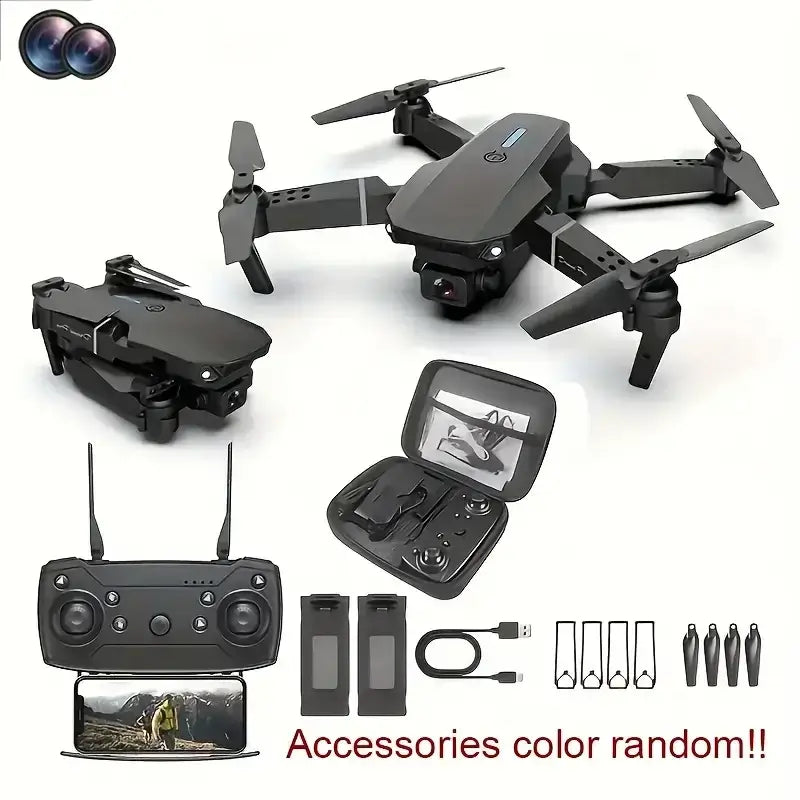NEW Drone 4K Professinal with dual HD camera, remote control, and accessories laid out.