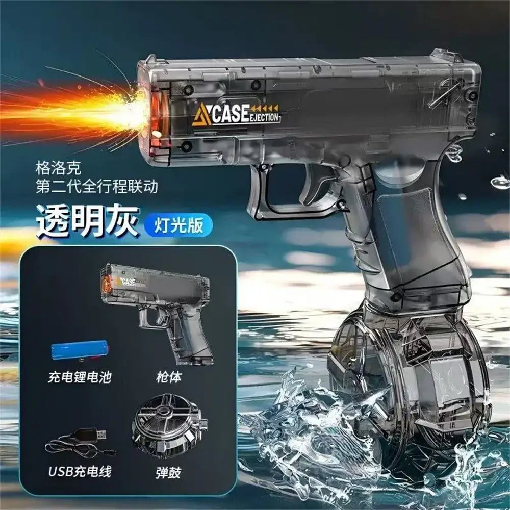 Electric Water Gun with LED Lights featuring a sleek design and USB charging capabilities.