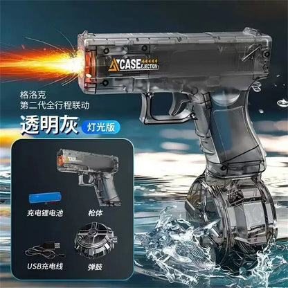 Electric Water Gun with LED Lights featuring a sleek design and USB charging capabilities.