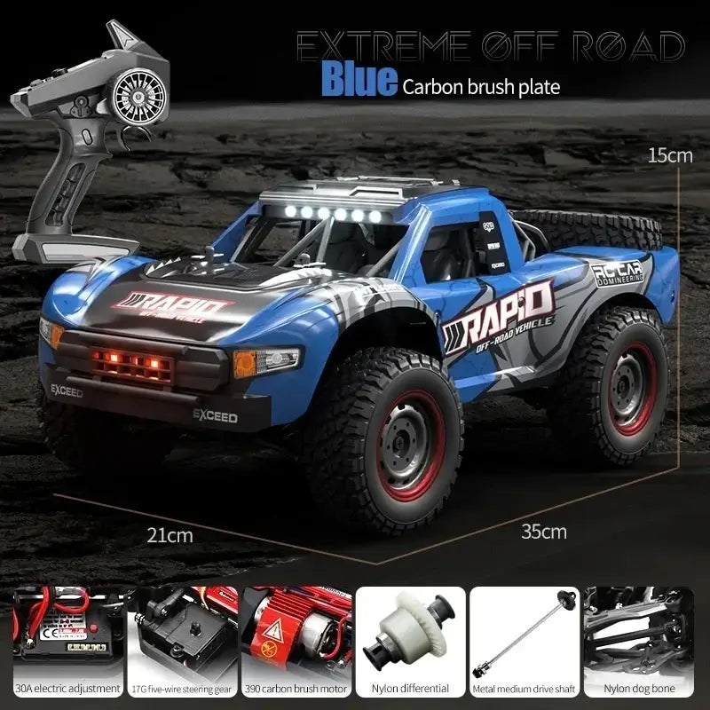 JJRC Q130 RC Car in blue with carbon brush plate and remote control, designed for extreme off-road performance