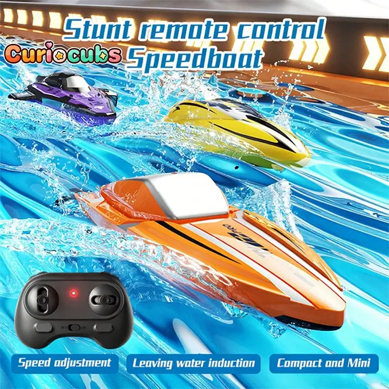 RC Racing Speedboat Mini Remote Control Stunt Boat speeding through water with remote controller in view.