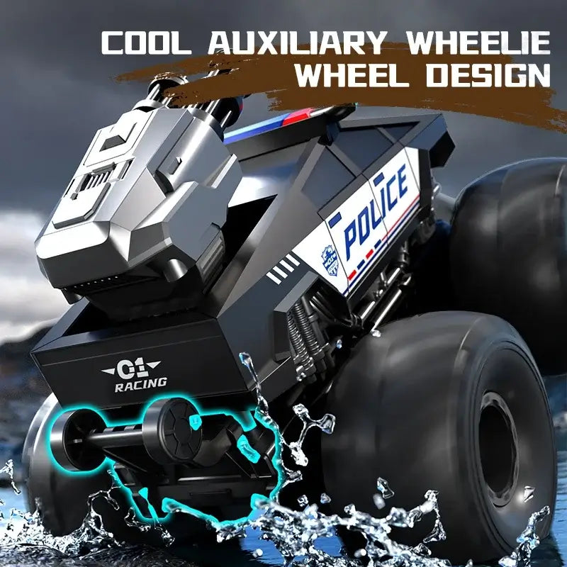 RC Car Amphibious Climbing Off-Road featuring cool auxiliary wheelie wheel design splashing through water.