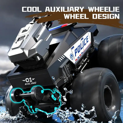 RC Car Amphibious Climbing Off-Road featuring cool auxiliary wheelie wheel design splashing through water.
