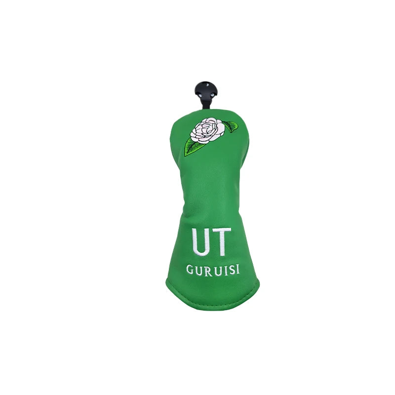 flower embroidery golf club head covers in green with white rose design, ideal for drivers and fairway woods