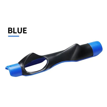 Golf grip trainer in black and blue color for improving grip strength while practicing golf.