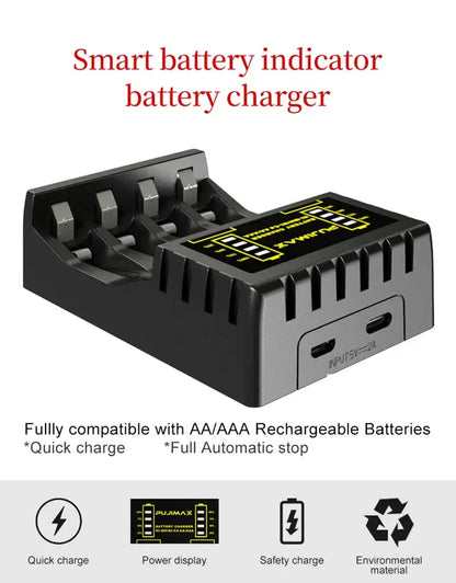 Battery Charger 4 Slots Intelligent LED with smart battery indicator and USB charging ports.