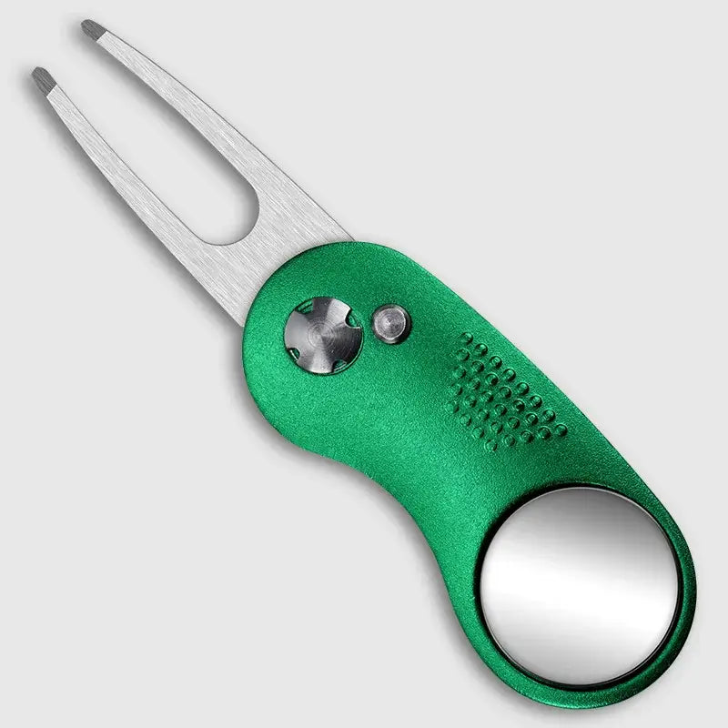 Metal Foldable Golf Divot Repair Tool in green with a forked end and a built-in marker.