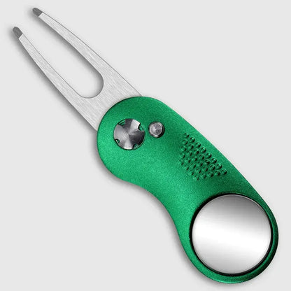 Metal Foldable Golf Divot Repair Tool in green with a forked end and a built-in marker.