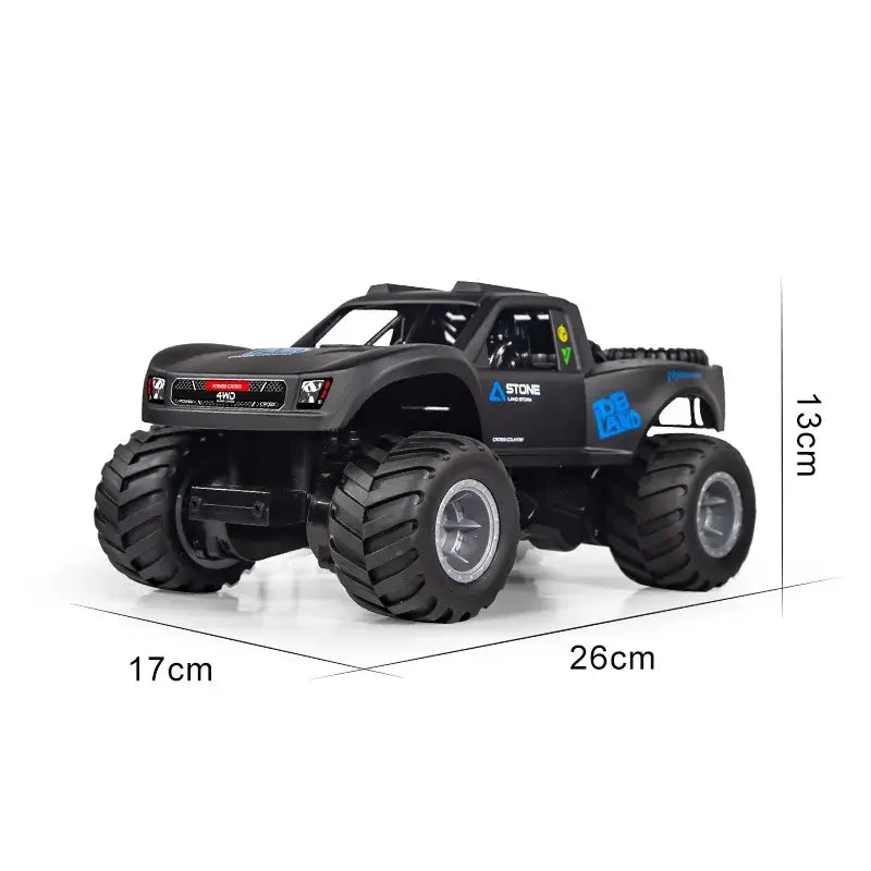 Four-wheel Drive Remote Control Car with large tires and detailed design, measuring 26cm x 17cm x 13cm.