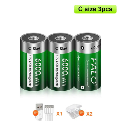 1.5V C Size Rechargeable Battery in green design showcasing USB charging capability.