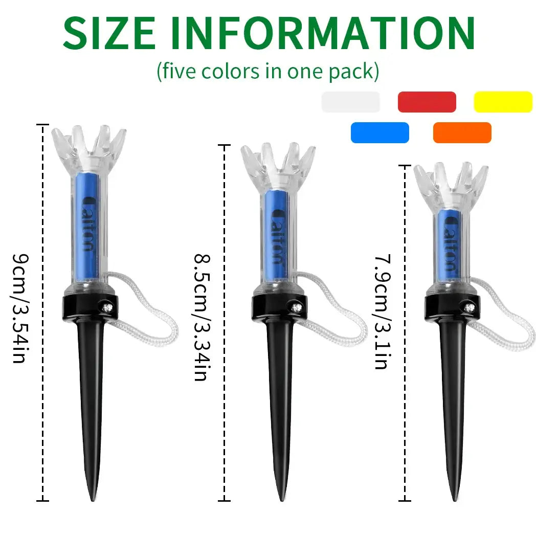 Magnetic Plastic Golf Tee size information showing three tee lengths with variation in colors, in a 5-pack from Caiton.