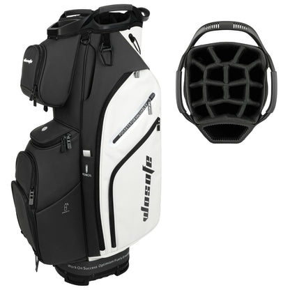 Lightweight Men Women Golf Bag in black and white with multiple pockets and a padded top for club organization.