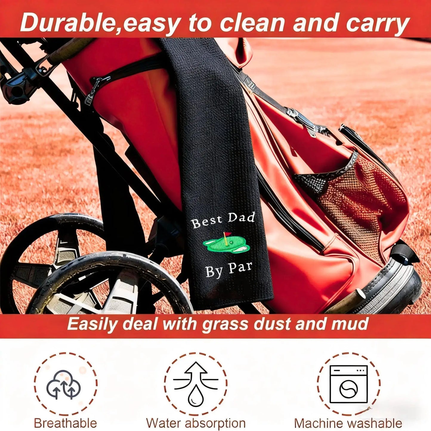 Microfiber Premium Golf Towel, Embroidered Golf Towels hanging on a golf bag, showcasing durability and ease of use.
